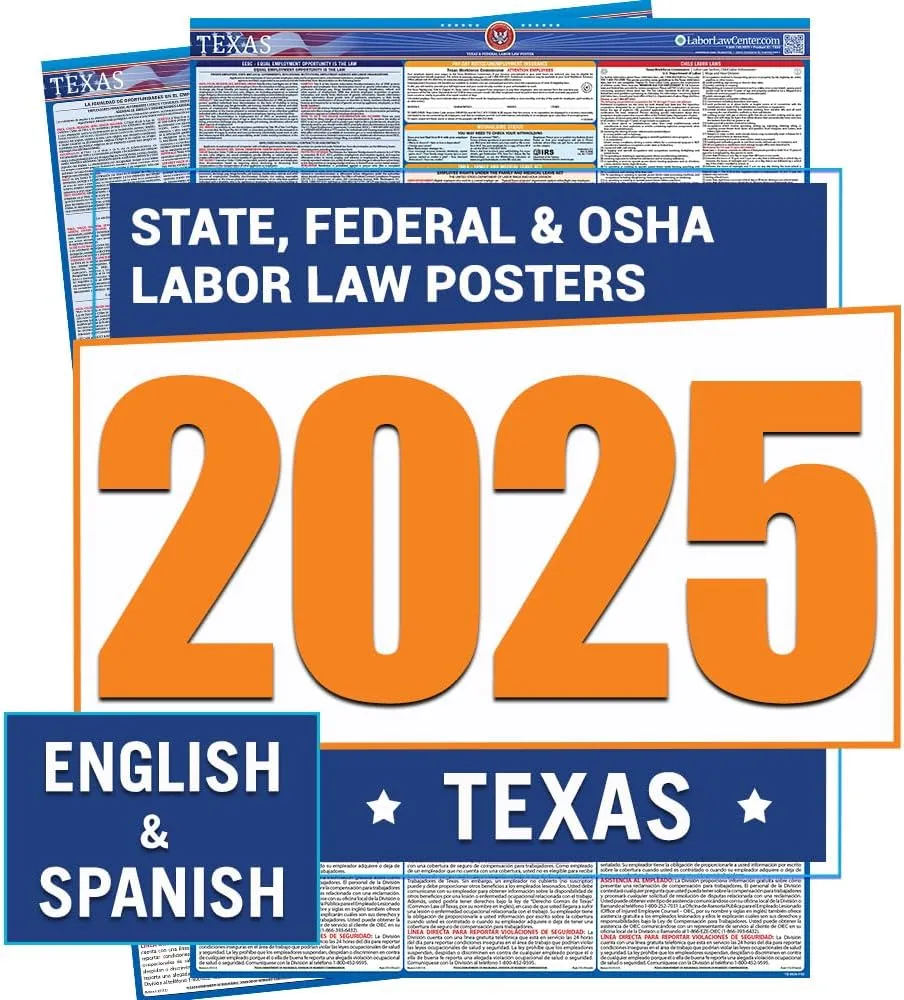 Texas Labor Law Poster 2025- State, Federal, OSHA Compliant - Workplace Required Posting for Employees - English and Spanish Combo - UV Laminated Waterproof - 26" x 39.5”- Bundle