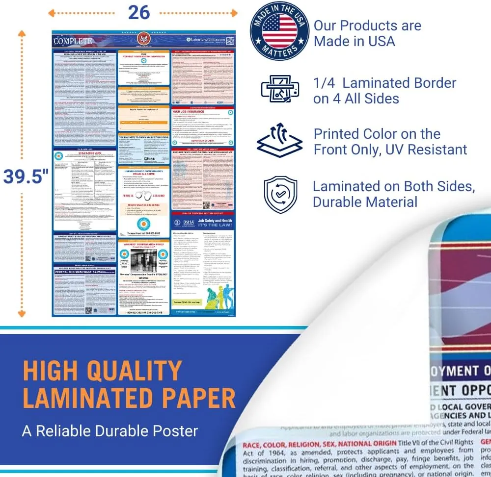 Texas Labor Law Poster 2025- State, Federal, OSHA Compliant - Workplace Required Posting for Employees - English and Spanish Combo - UV Laminated Waterproof - 26" x 39.5”- Bundle