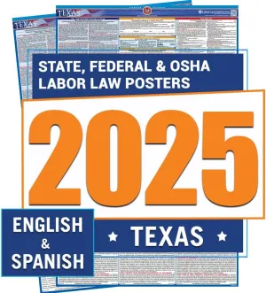 Texas Labor Law Poster 2025- State, Federal, OSHA Compliant - Workplace Required Posting for Employees - English and Spanish Combo - UV Laminated Waterproof - 26" x 39.5”- Bundle