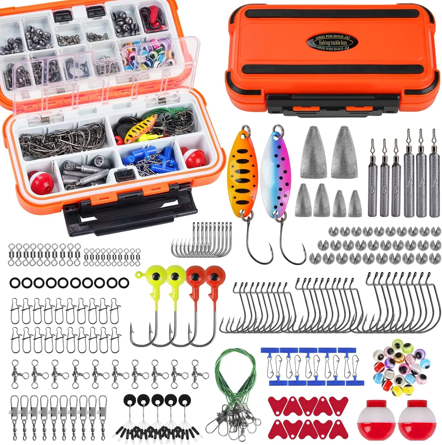 THKFISH 210pcs Fishing Accessories Kit, Double-layer Organized Fishing Tackle Box with Tackle Included Fishing Hooks, Weights Sinkers, Bass Trout Fishing Gear