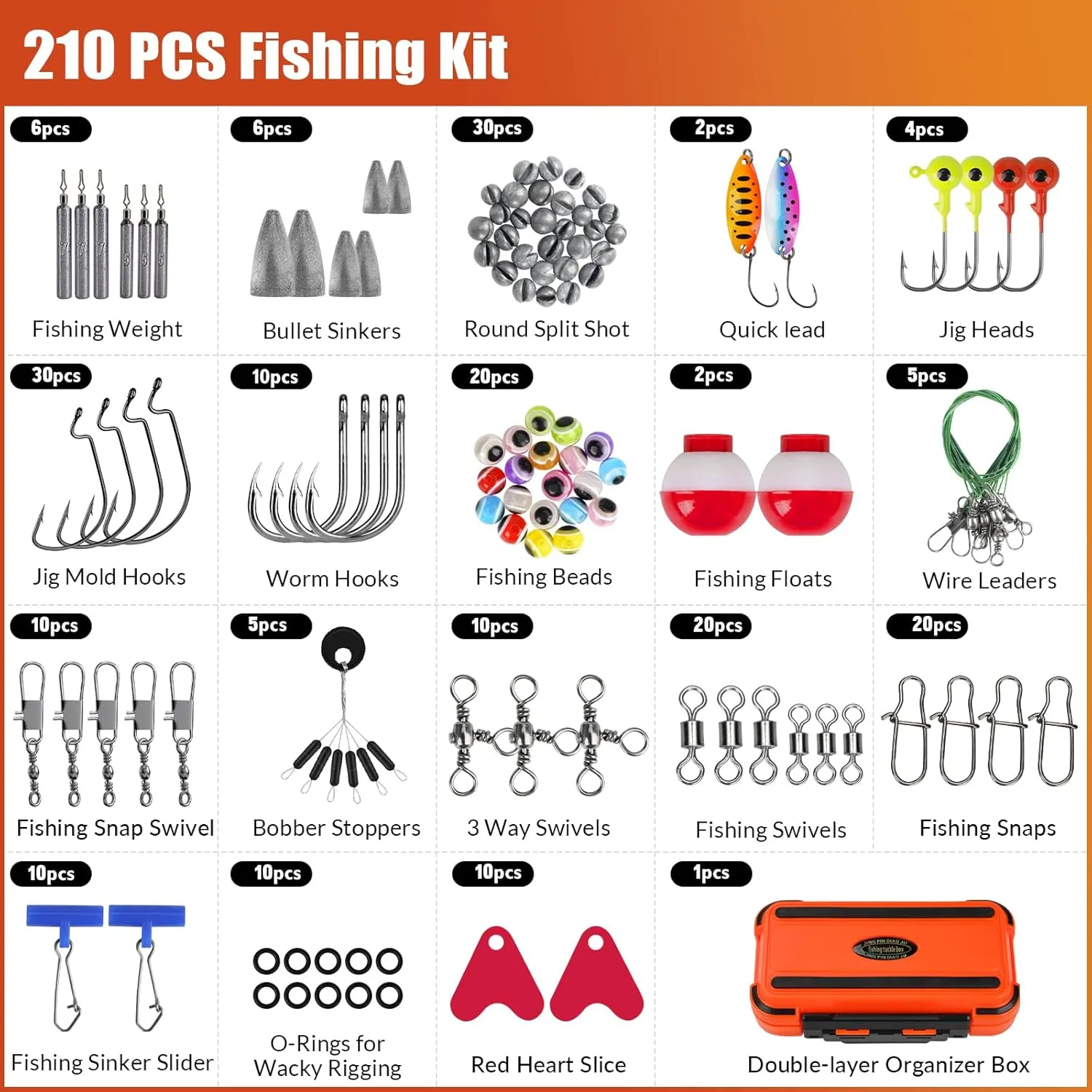 THKFISH 210pcs Fishing Accessories Kit, Double-layer Organized Fishing Tackle Box with Tackle Included Fishing Hooks, Weights Sinkers, Bass Trout Fishing Gear