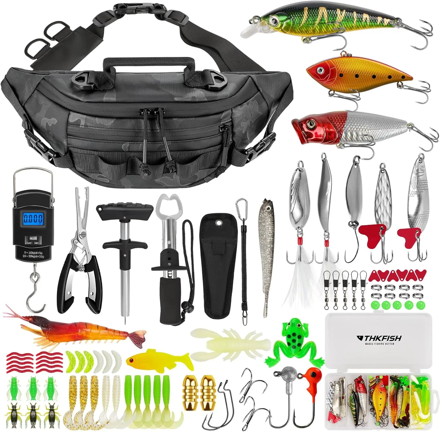 THKFISH 85Pcs Fishing Sling Bag with Tackle Box Included for Fly Fishing Tackle Kit, Waterproof Fanny Pack with Fishing Gear, Lures, Fish Pliers Kit, Lip Gripper, Weigh Scale