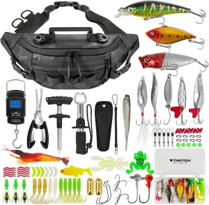 THKFISH 85Pcs Fishing Sling Bag with Tackle Box Included for Fly Fishing Tackle Kit, Waterproof Fanny Pack with Fishing Gear, Lures, Fish Pliers Kit, Lip Gripper, Weigh Scale