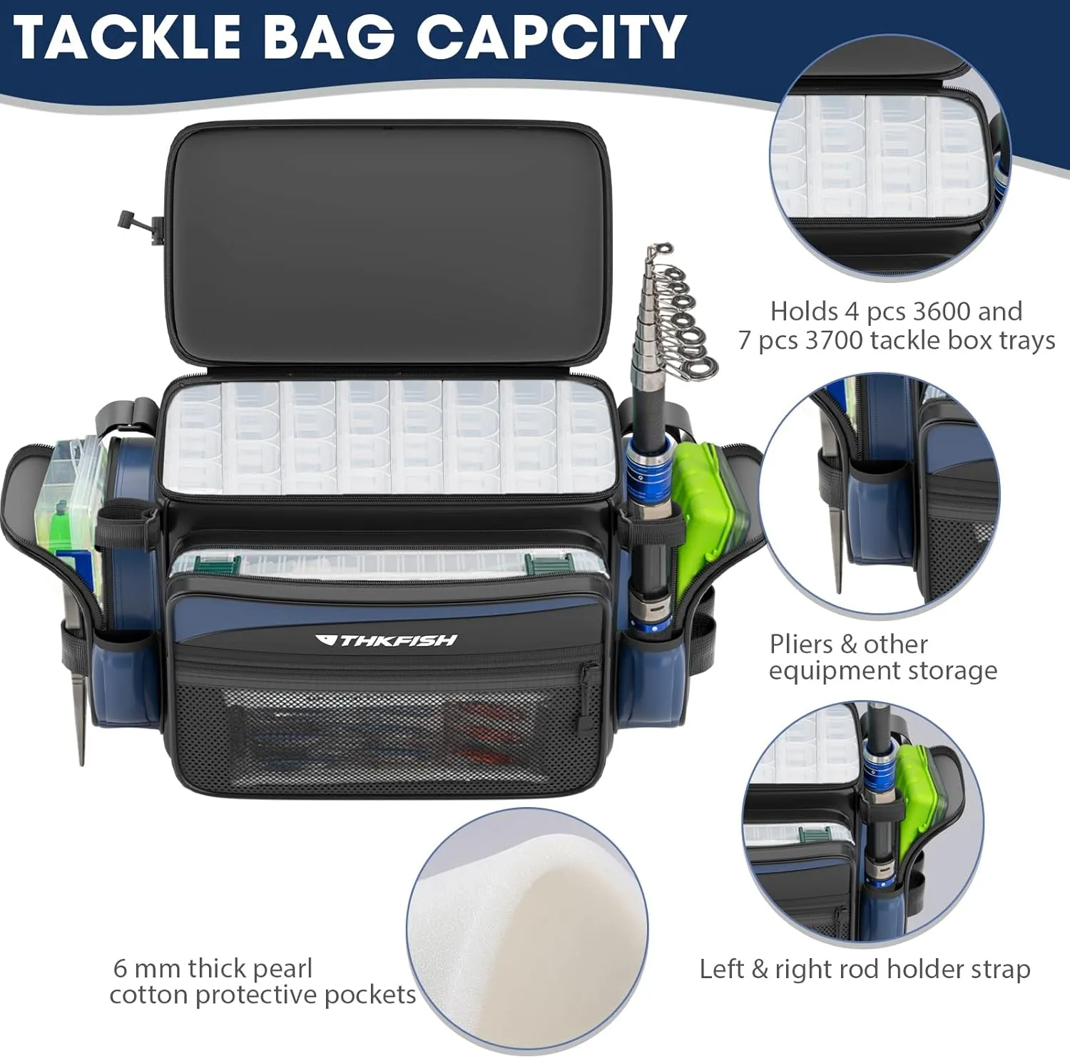 THKFISH Waterproof Fishing Tackle Bags, Saltwater Resistant Large Fishing Tackle Bag, 1000D PVC Waterproof Fishing Gear Storage Store 3600 3700 Trays