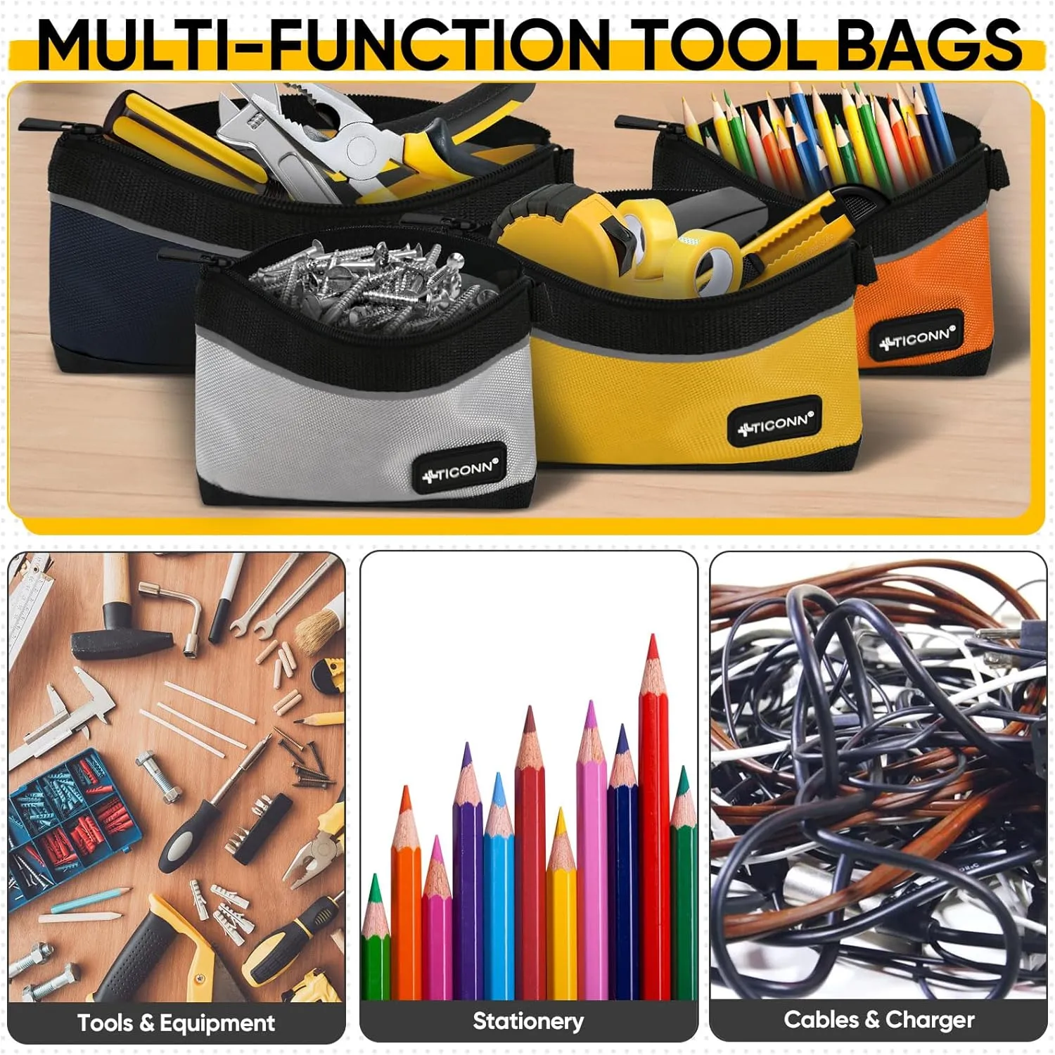 TICONN Tool Pouches with Zipper, 1680D Oxford Small Tool Bags, Waterproof Utility Bag Zipper Pouch for Tool Organizers and Storage (3 Pack Medium)
