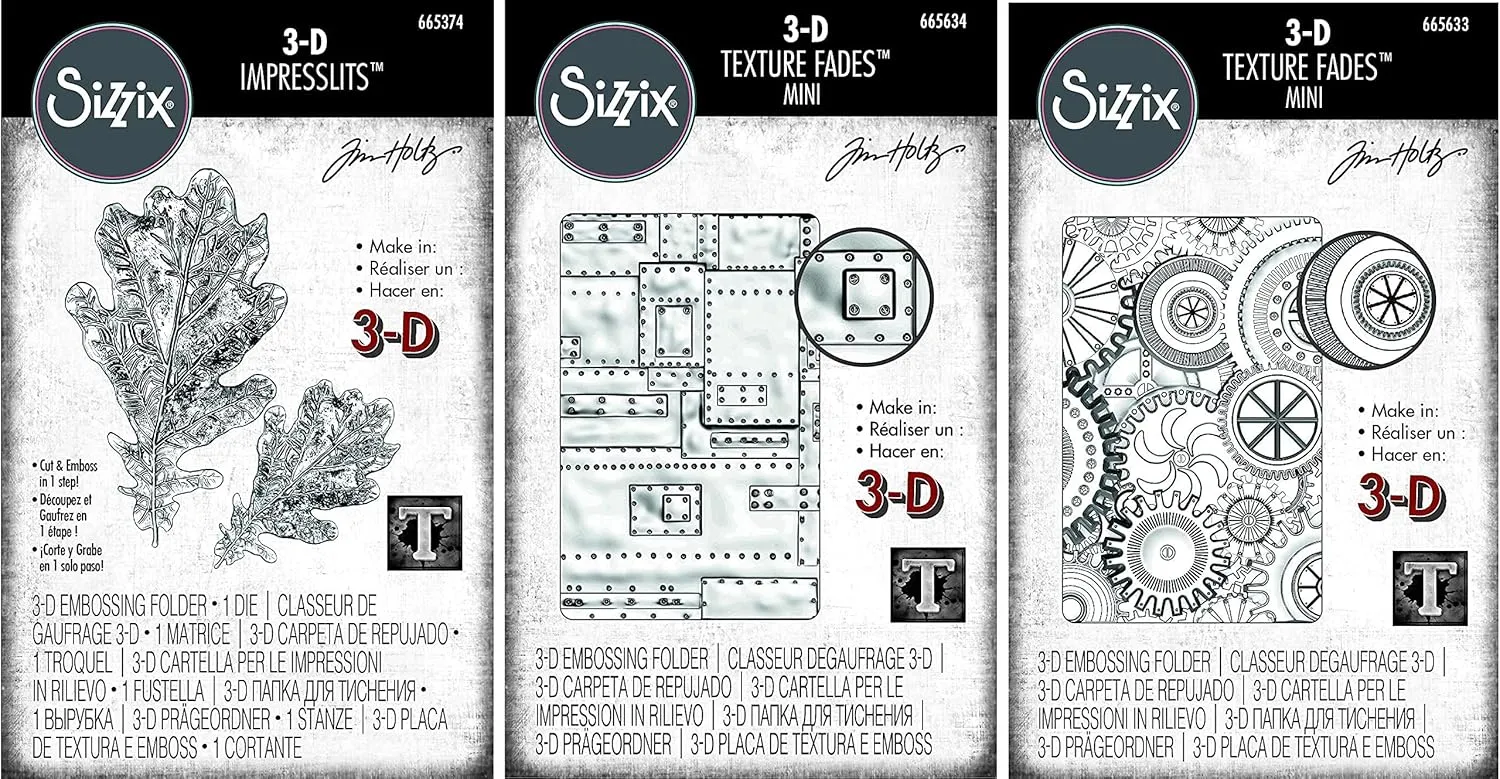 Tim Holtz 3-D Mini Foundry & Mini Mechanics Embossing Folders with Oak Leaf Impresslit - 3 Items