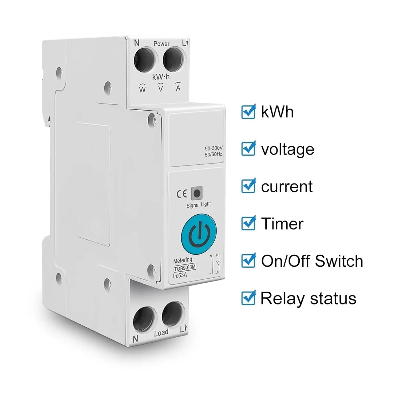 TOB9-VAP 63A 1P N Energy Meter Kwh Metering Monitoring Circuit Breaker Timer Relay MCB(TOB9-63T No metering,63A)
