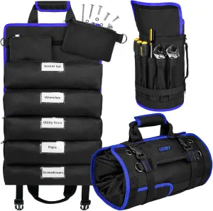Tool Bag,Large Roll Up Tool Bag Organizer,13 Pockets Tool Roll Storage Pouch,Heavy Duty Portable Tool Storage Carrier Bag for Men,Mechanic,Electrician & Hobbyist,Black/Blue
