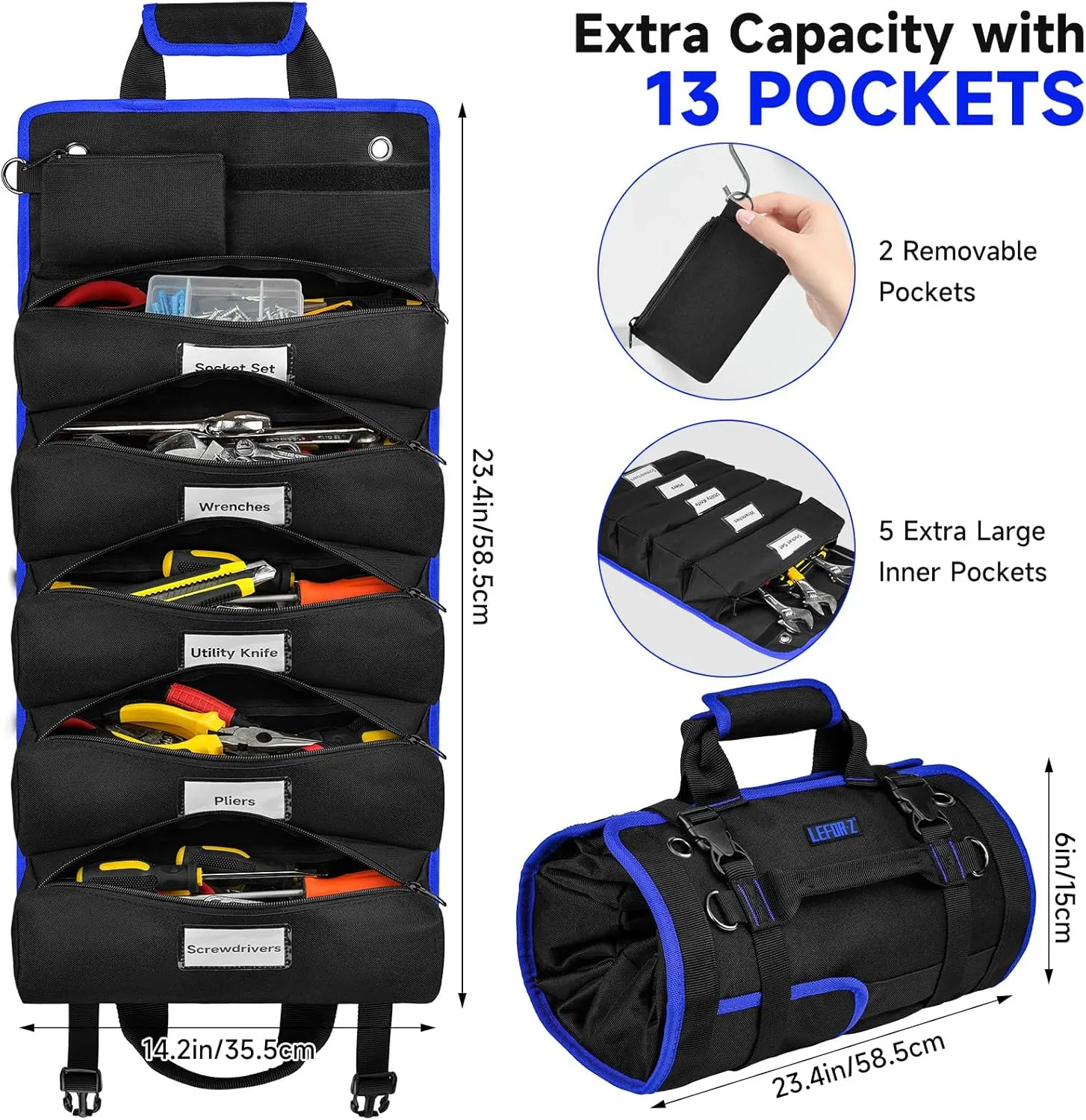 Tool Bag,Large Roll Up Tool Bag Organizer,13 Pockets Tool Roll Storage Pouch,Heavy Duty Portable Tool Storage Carrier Bag for Men,Mechanic,Electrician & Hobbyist,Black/Blue