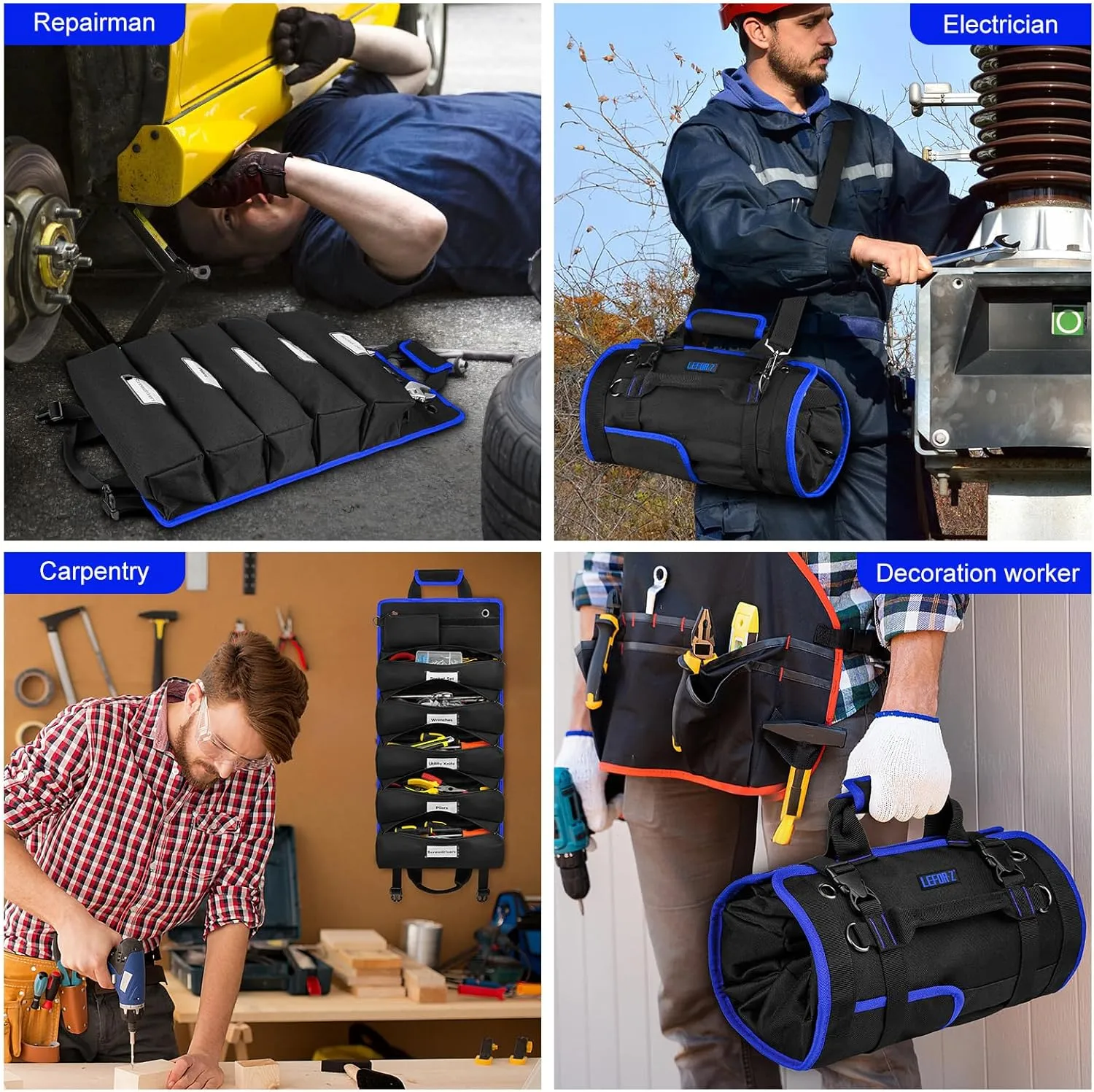 Tool Bag,Large Roll Up Tool Bag Organizer,13 Pockets Tool Roll Storage Pouch,Heavy Duty Portable Tool Storage Carrier Bag for Men,Mechanic,Electrician & Hobbyist,Black/Blue