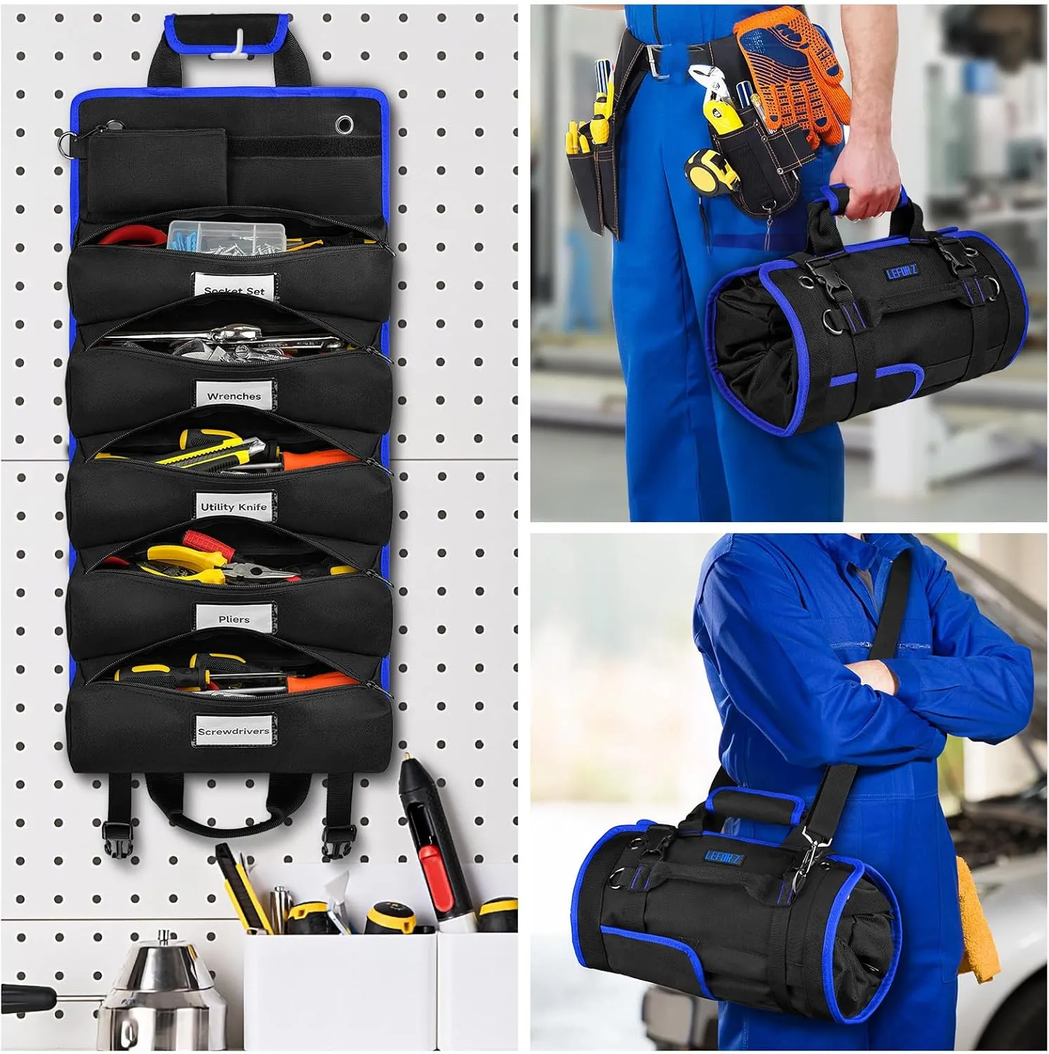 Tool Bag,Large Roll Up Tool Bag Organizer,13 Pockets Tool Roll Storage Pouch,Heavy Duty Portable Tool Storage Carrier Bag for Men,Mechanic,Electrician & Hobbyist,Black/Blue