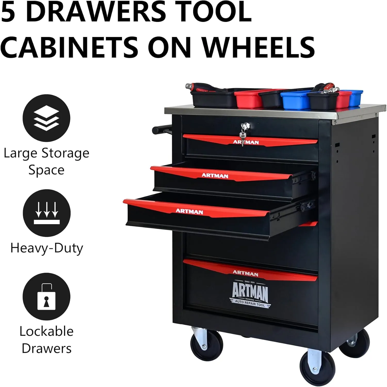 Tool Chest with Wheels 5 Drawers Rolling Tool Box, Metal Tool Cart with Extra 7 Tool Storage Boxes, Tool Chest Workbench Tool Storage Cabinet for Garage Workshop Warehouse Repair Shop