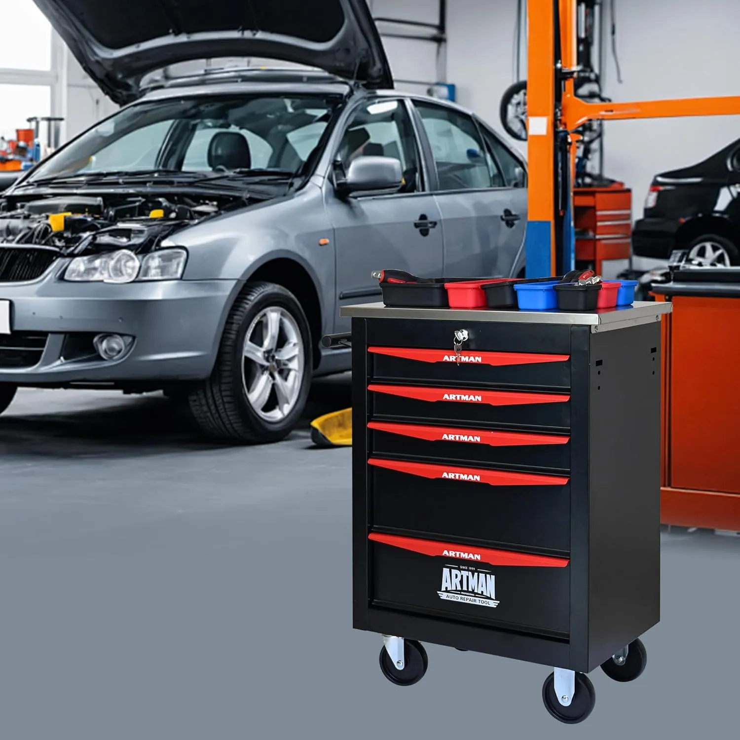 Tool Chest with Wheels 5 Drawers Rolling Tool Box, Metal Tool Cart with Extra 7 Tool Storage Boxes, Tool Chest Workbench Tool Storage Cabinet for Garage Workshop Warehouse Repair Shop