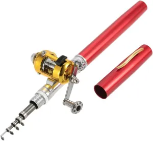 Topyond Mini Telescopic Pen Fishing Rod Reel Combo Portable Pocket Sized Fishing Gear with Aluminum Alloy Reel, 25m Fishing Line, Soft Lures, Jig Hooks for Boat, Dam, Ice Fishing (Red)