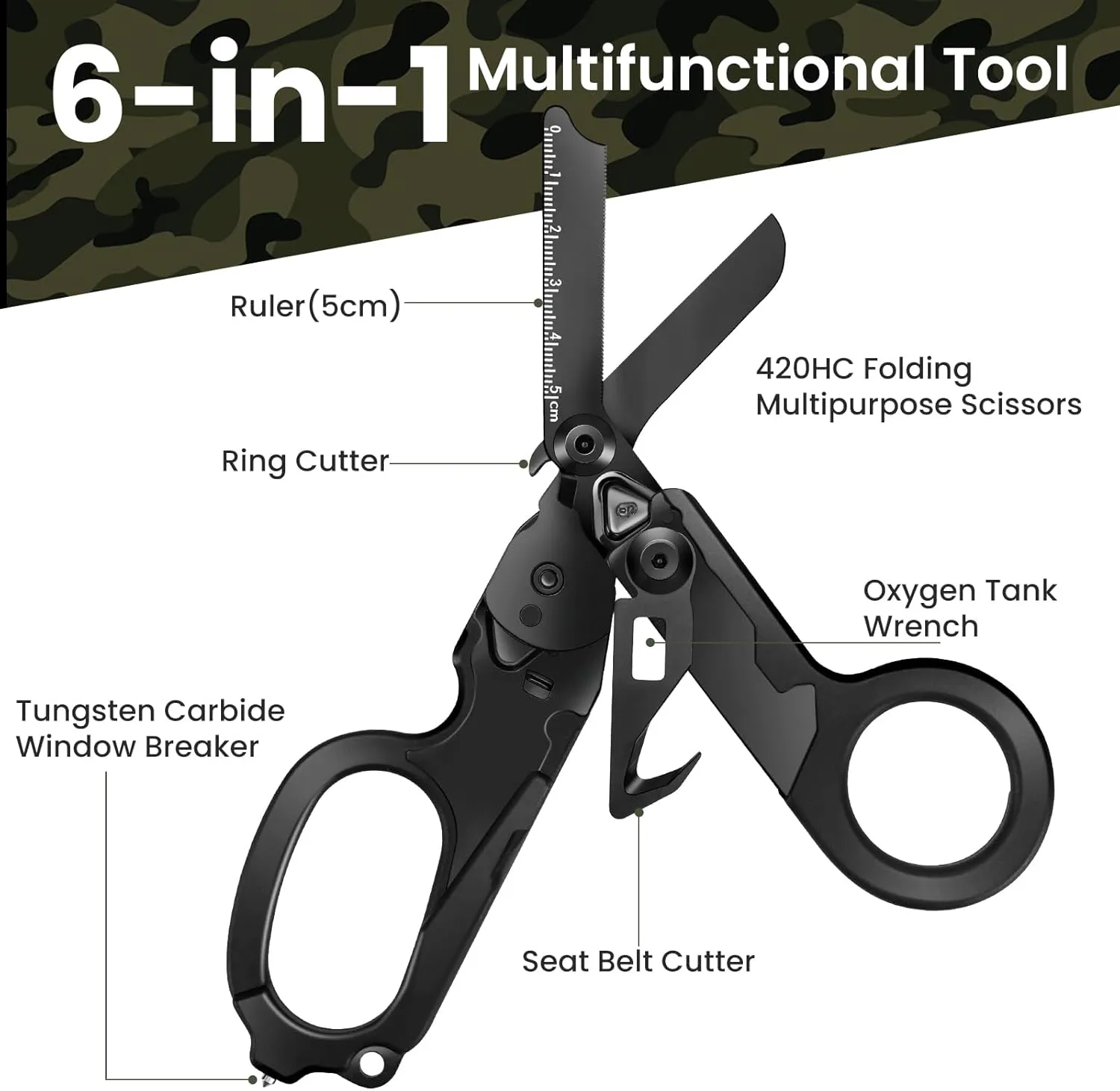 Trauma Shears, Stainless Steel Pocket Scissors Glass Breaker Emergency Response Trauma Scissors,Outdoor Camping Tools Multi-function Shears with 1piece Hook and Loop (Carbon Black)