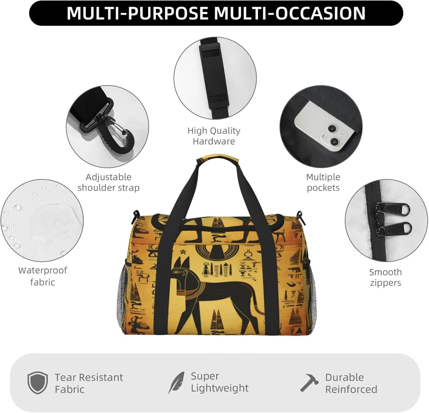 Travel Duffel Bag For Men Women, Ancient Egypt Murals Anubis Hieroglyph Carry On Sport Gym Bag With Shoulder Strap Lightweight Waterproof Weekender Bag Overnight Bag