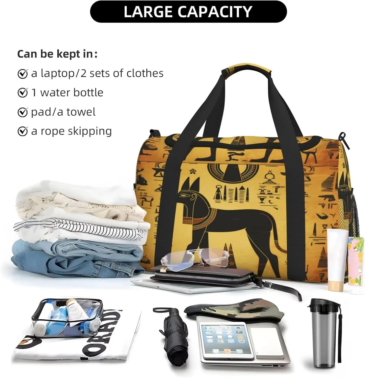 Travel Duffel Bag For Men Women, Ancient Egypt Murals Anubis Hieroglyph Carry On Sport Gym Bag With Shoulder Strap Lightweight Waterproof Weekender Bag Overnight Bag