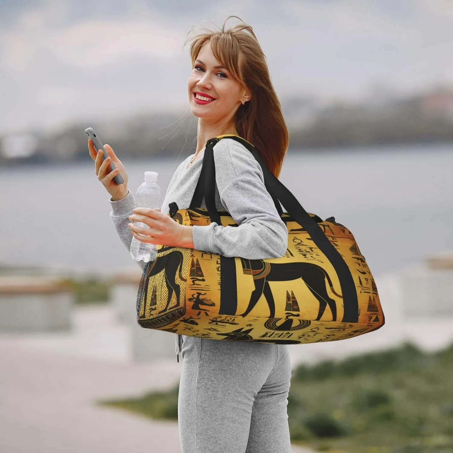 Travel Duffel Bag For Men Women, Ancient Egypt Murals Anubis Hieroglyph Carry On Sport Gym Bag With Shoulder Strap Lightweight Waterproof Weekender Bag Overnight Bag