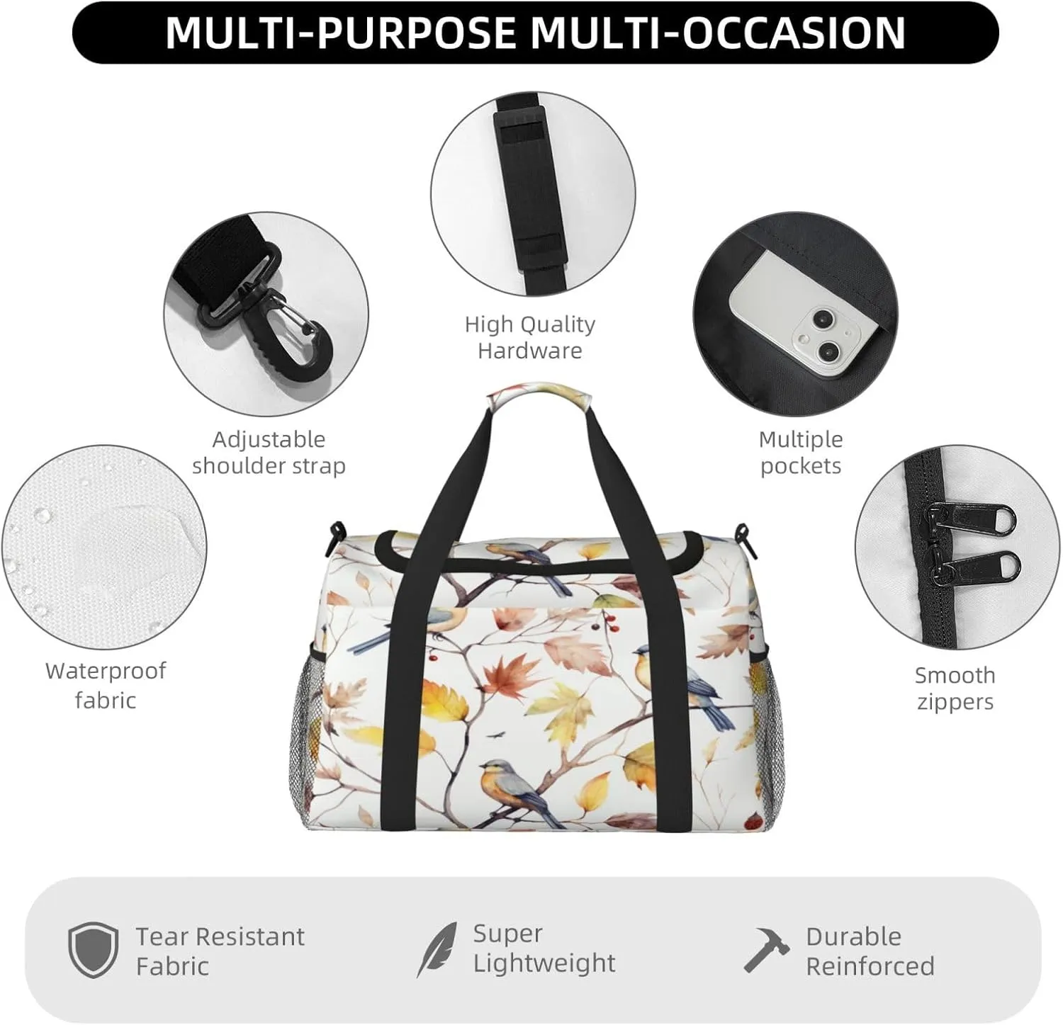 Travel Duffel Bag For Men Women, Autumn Tree Birds Watercolour Pattern Carry On Sport Gym Bag With Shoulder Strap Lightweight Waterproof Weekender Bag Overnight Bag