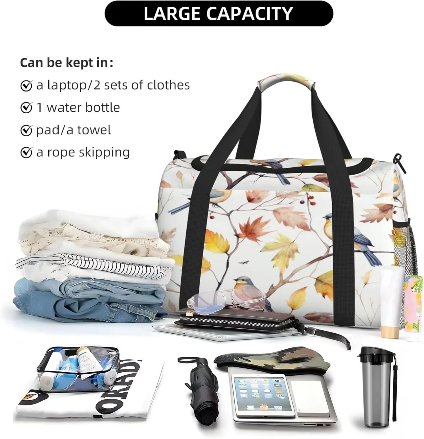Travel Duffel Bag For Men Women, Autumn Tree Birds Watercolour Pattern Carry On Sport Gym Bag With Shoulder Strap Lightweight Waterproof Weekender Bag Overnight Bag