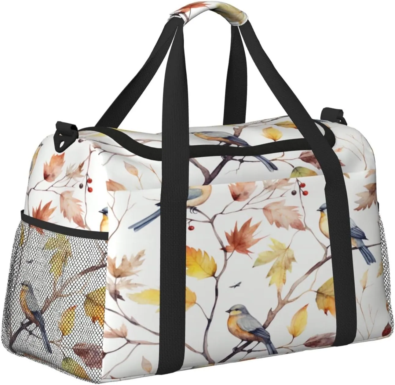 Travel Duffel Bag For Men Women, Autumn Tree Birds Watercolour Pattern Carry On Sport Gym Bag With Shoulder Strap Lightweight Waterproof Weekender Bag Overnight Bag