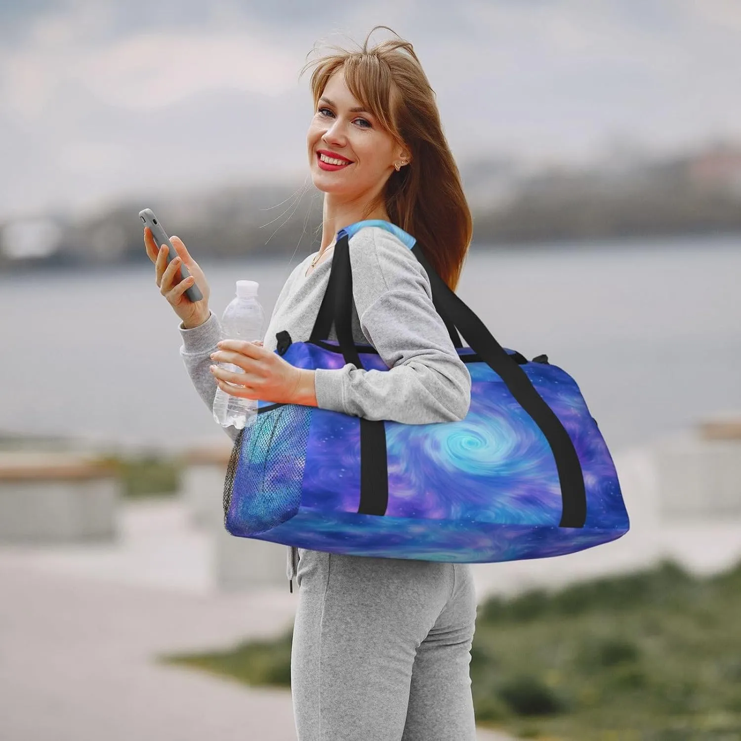 Travel Duffel Bag For Men Women, Blue Purple Halo Swirl Art Painting Carry On Sport Gym Bag With Shoulder Strap Lightweight Waterproof Weekender Bag Overnight Bag