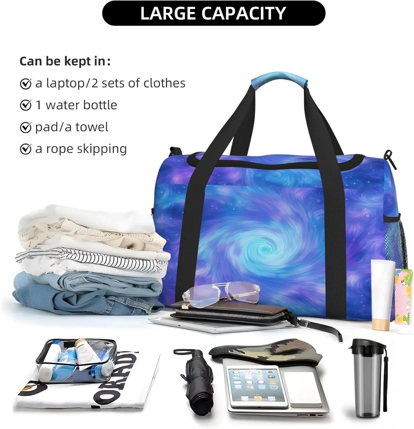 Travel Duffel Bag For Men Women, Blue Purple Halo Swirl Art Painting Carry On Sport Gym Bag With Shoulder Strap Lightweight Waterproof Weekender Bag Overnight Bag