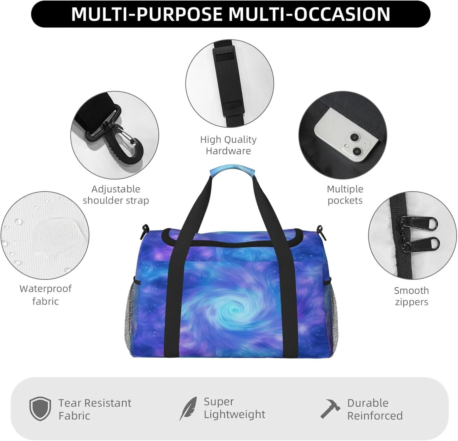 Travel Duffel Bag For Men Women, Blue Purple Halo Swirl Art Painting Carry On Sport Gym Bag With Shoulder Strap Lightweight Waterproof Weekender Bag Overnight Bag