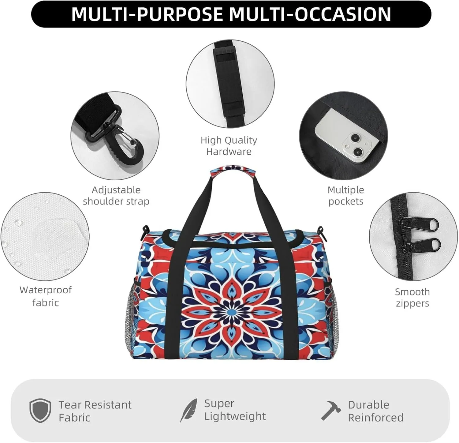 Travel Duffel Bag For Men Women, Blue Red Mandala Ethnic Floral Carry On Sport Gym Bag With Shoulder Strap Lightweight Waterproof Weekender Bag Overnight Bag