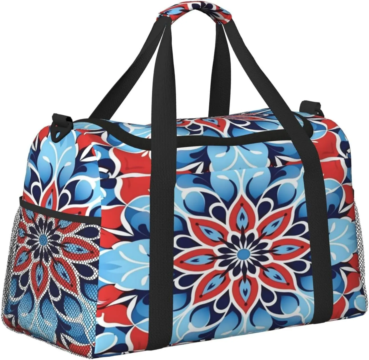 Travel Duffel Bag For Men Women, Blue Red Mandala Ethnic Floral Carry On Sport Gym Bag With Shoulder Strap Lightweight Waterproof Weekender Bag Overnight Bag