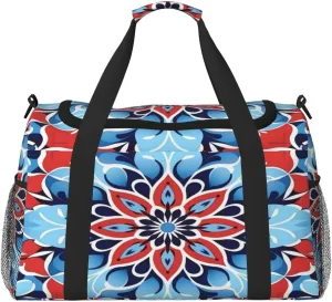 Travel Duffel Bag For Men Women, Blue Red Mandala Ethnic Floral Carry On Sport Gym Bag With Shoulder Strap Lightweight Waterproof Weekender Bag Overnight Bag