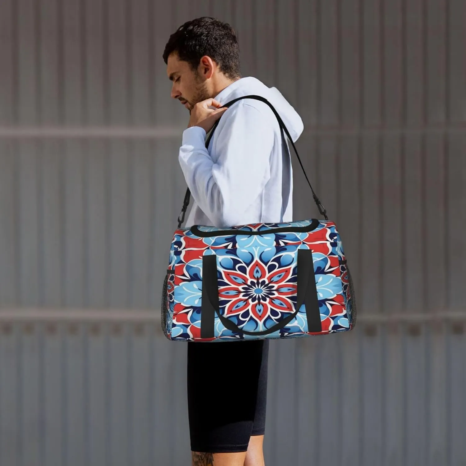 Travel Duffel Bag For Men Women, Blue Red Mandala Ethnic Floral Carry On Sport Gym Bag With Shoulder Strap Lightweight Waterproof Weekender Bag Overnight Bag