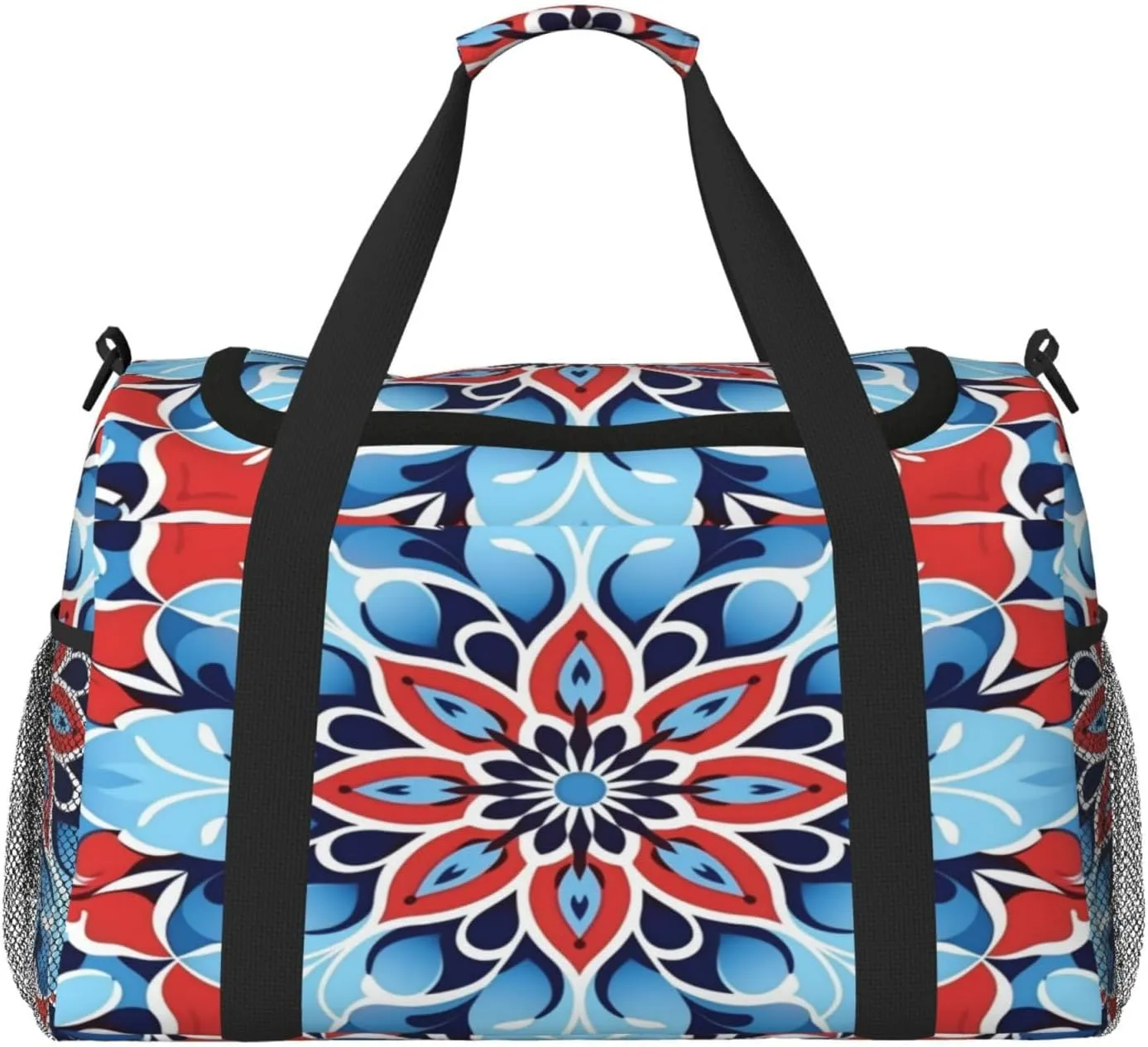 Travel Duffel Bag For Men Women, Blue Red Mandala Ethnic Floral Carry On Sport Gym Bag With Shoulder Strap Lightweight Waterproof Weekender Bag Overnight Bag