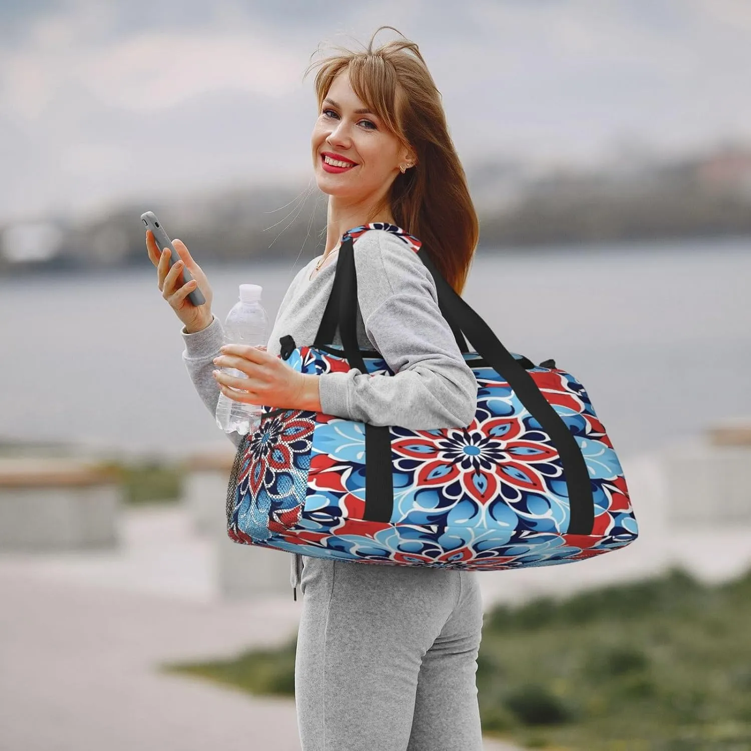 Travel Duffel Bag For Men Women, Blue Red Mandala Ethnic Floral Carry On Sport Gym Bag With Shoulder Strap Lightweight Waterproof Weekender Bag Overnight Bag