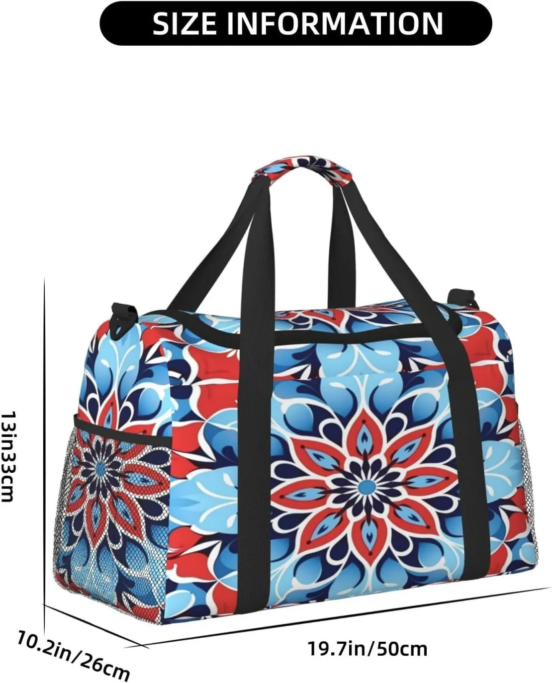 Travel Duffel Bag For Men Women, Blue Red Mandala Ethnic Floral Carry On Sport Gym Bag With Shoulder Strap Lightweight Waterproof Weekender Bag Overnight Bag