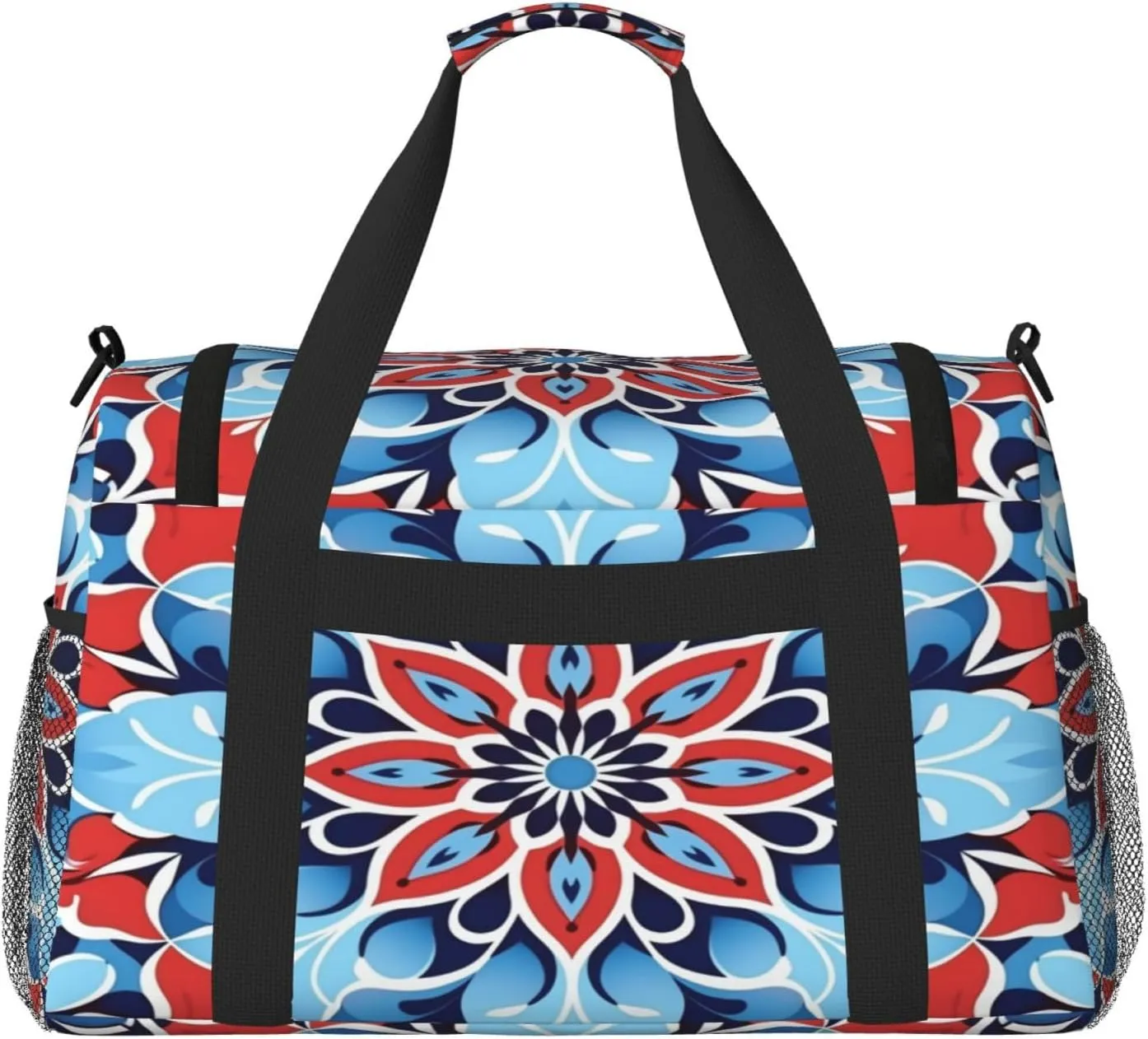 Travel Duffel Bag For Men Women, Blue Red Mandala Ethnic Floral Carry On Sport Gym Bag With Shoulder Strap Lightweight Waterproof Weekender Bag Overnight Bag
