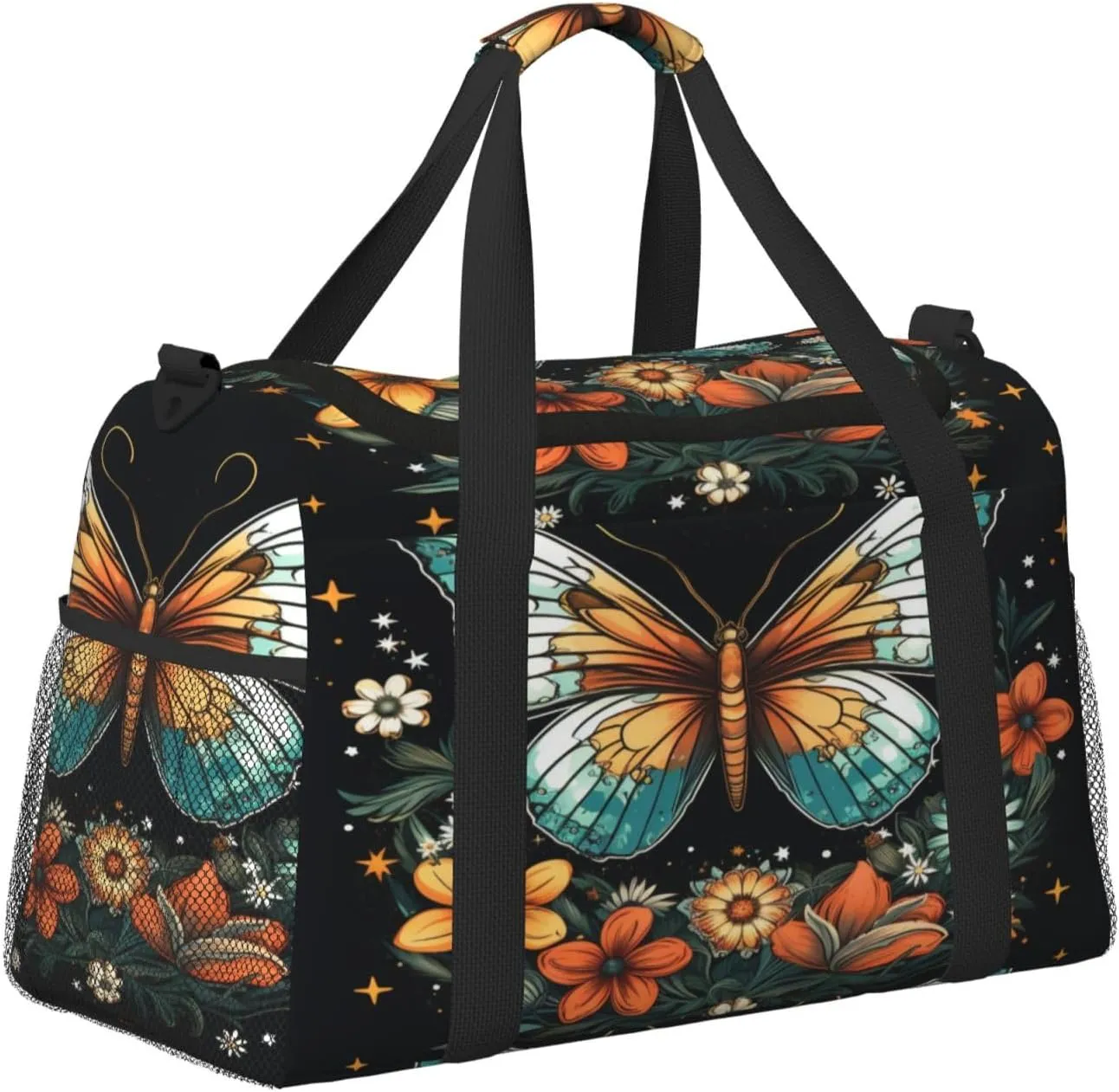 Travel Duffel Bag For Men Women, Butterfly Flowers Stars Art Print Carry On Sport Gym Bag With Shoulder Strap Lightweight Waterproof Weekender Bag Overnight Bag
