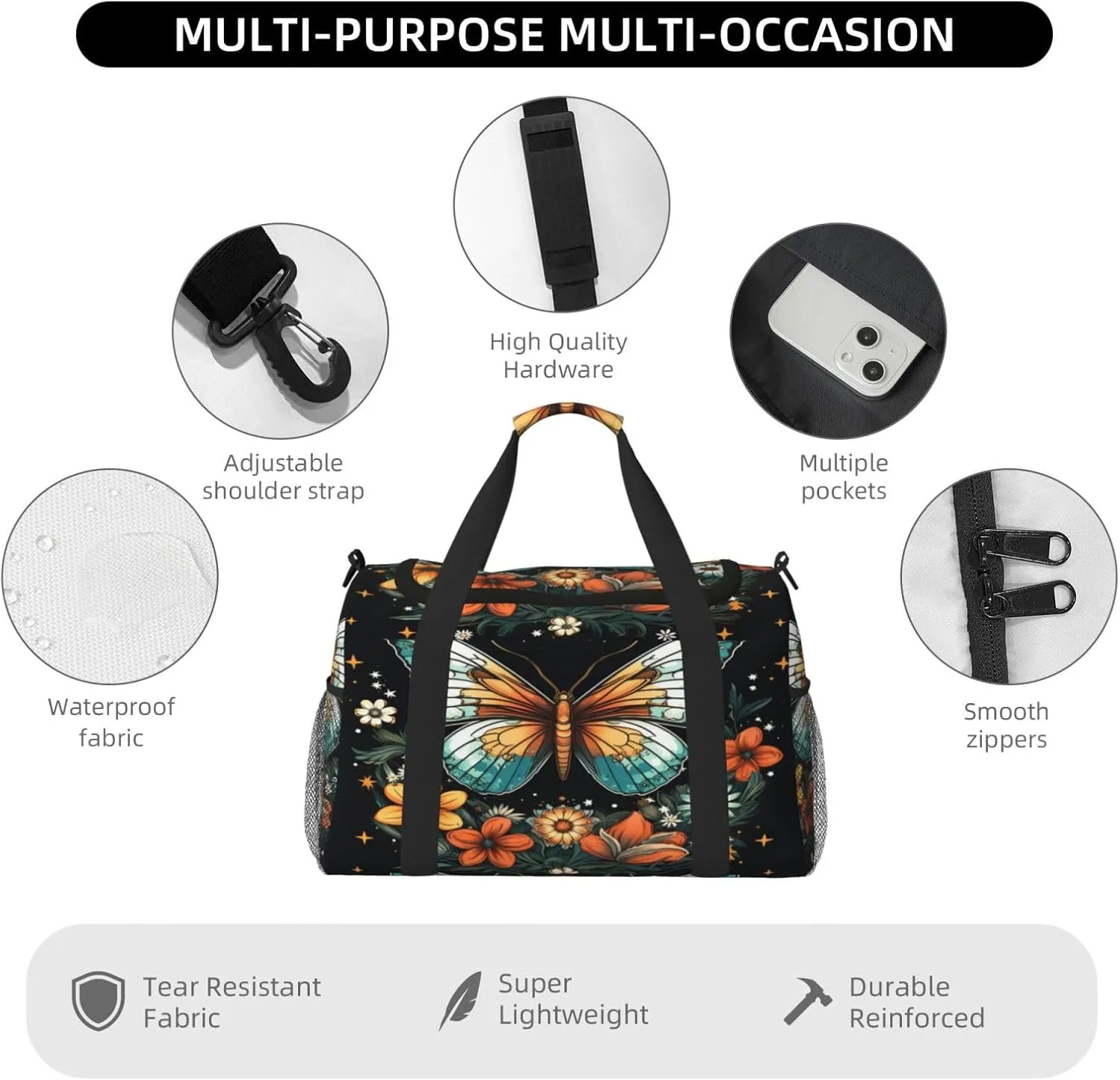 Travel Duffel Bag For Men Women, Butterfly Flowers Stars Art Print Carry On Sport Gym Bag With Shoulder Strap Lightweight Waterproof Weekender Bag Overnight Bag