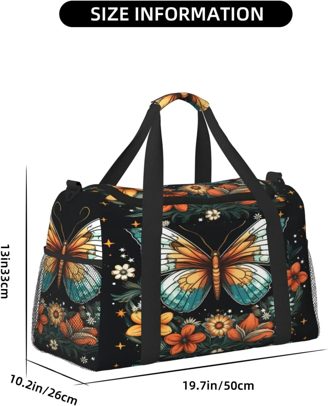 Travel Duffel Bag For Men Women, Butterfly Flowers Stars Art Print Carry On Sport Gym Bag With Shoulder Strap Lightweight Waterproof Weekender Bag Overnight Bag