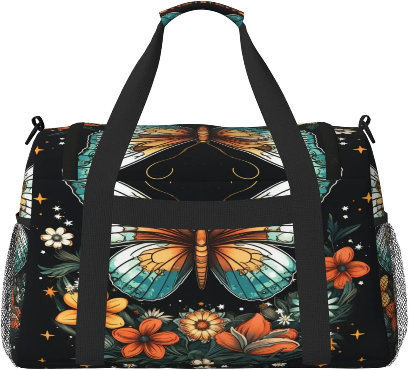 Travel Duffel Bag For Men Women, Butterfly Flowers Stars Art Print Carry On Sport Gym Bag With Shoulder Strap Lightweight Waterproof Weekender Bag Overnight Bag