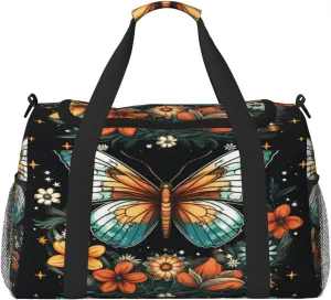 Travel Duffel Bag For Men Women, Butterfly Flowers Stars Art Print Carry On Sport Gym Bag With Shoulder Strap Lightweight Waterproof Weekender Bag Overnight Bag