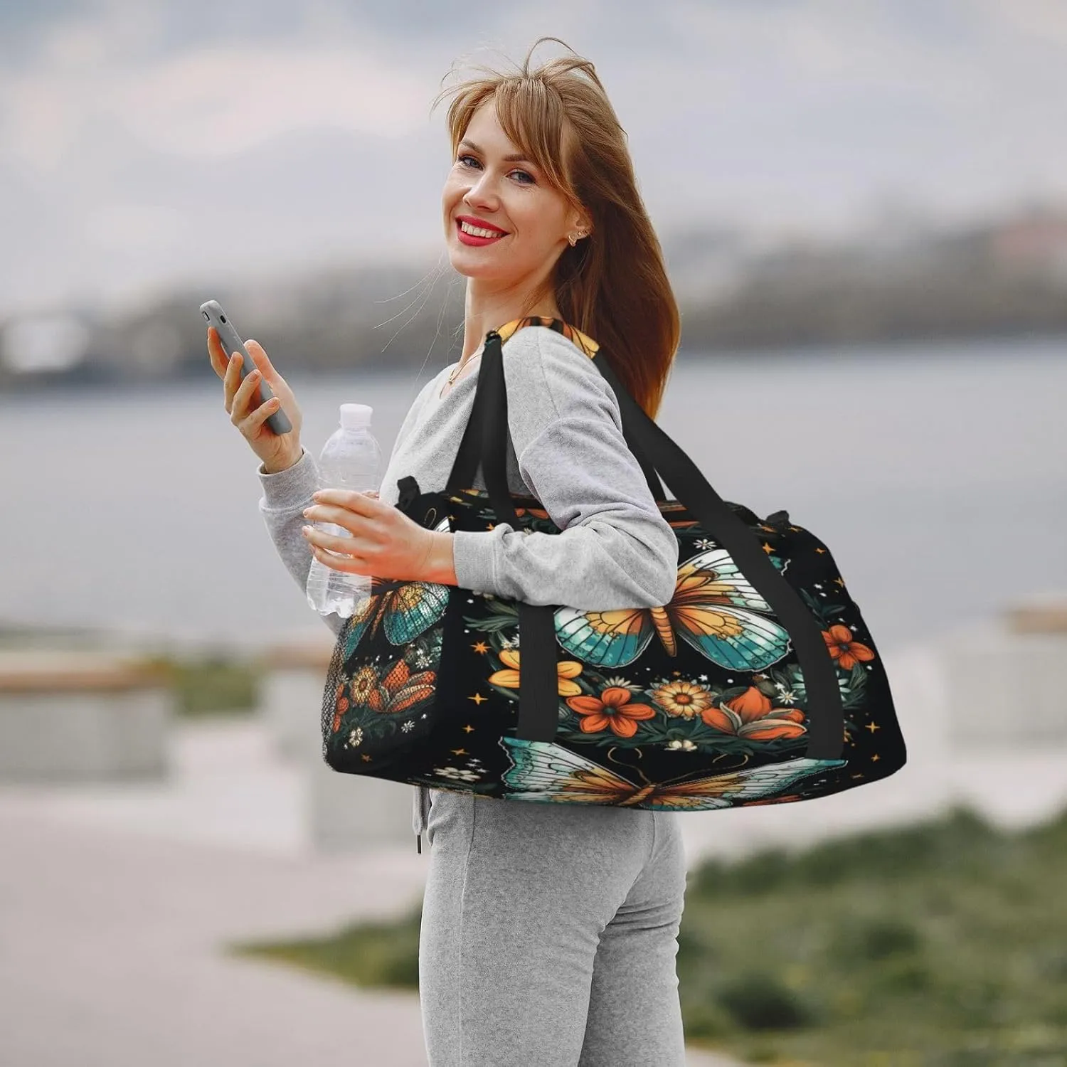 Travel Duffel Bag For Men Women, Butterfly Flowers Stars Art Print Carry On Sport Gym Bag With Shoulder Strap Lightweight Waterproof Weekender Bag Overnight Bag
