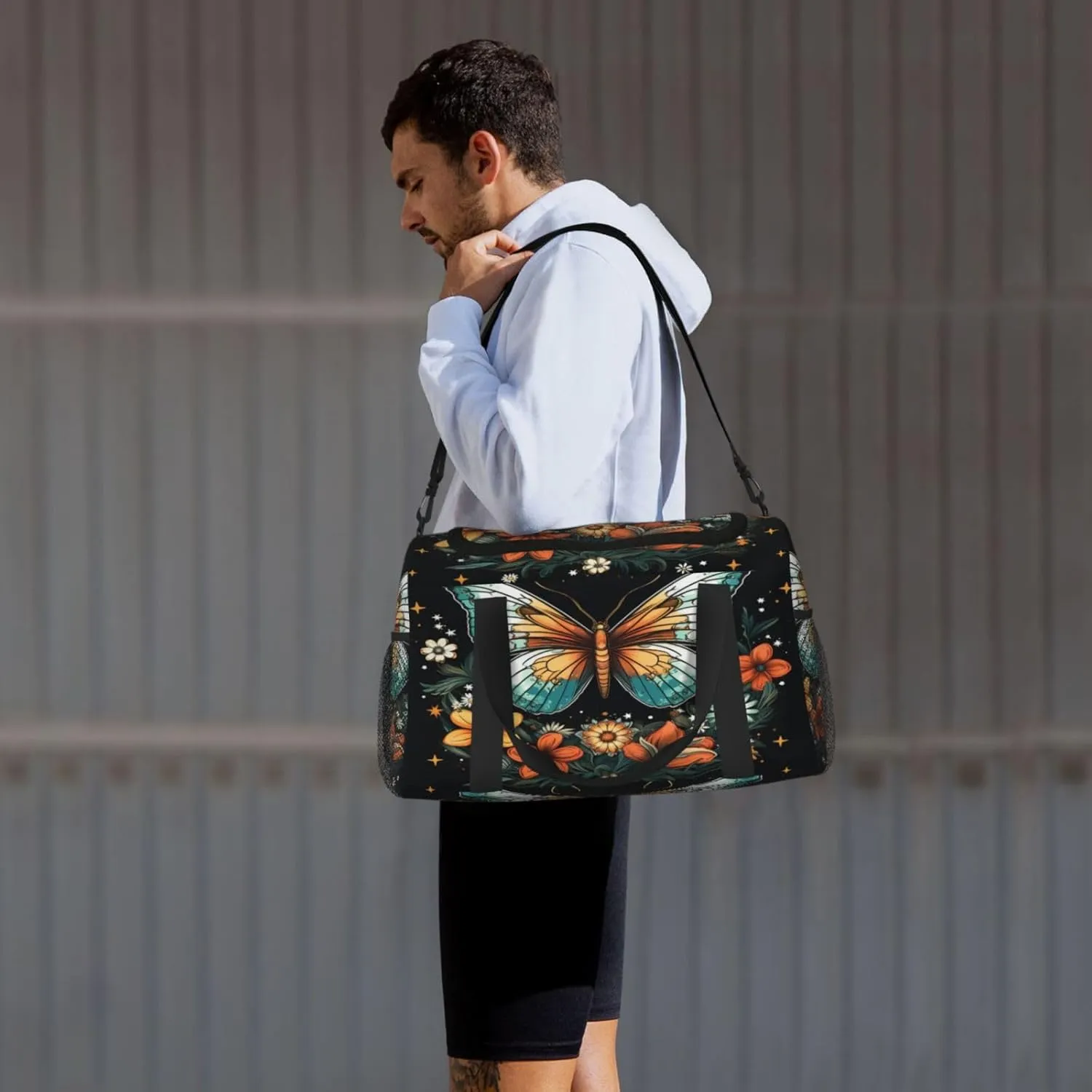 Travel Duffel Bag For Men Women, Butterfly Flowers Stars Art Print Carry On Sport Gym Bag With Shoulder Strap Lightweight Waterproof Weekender Bag Overnight Bag