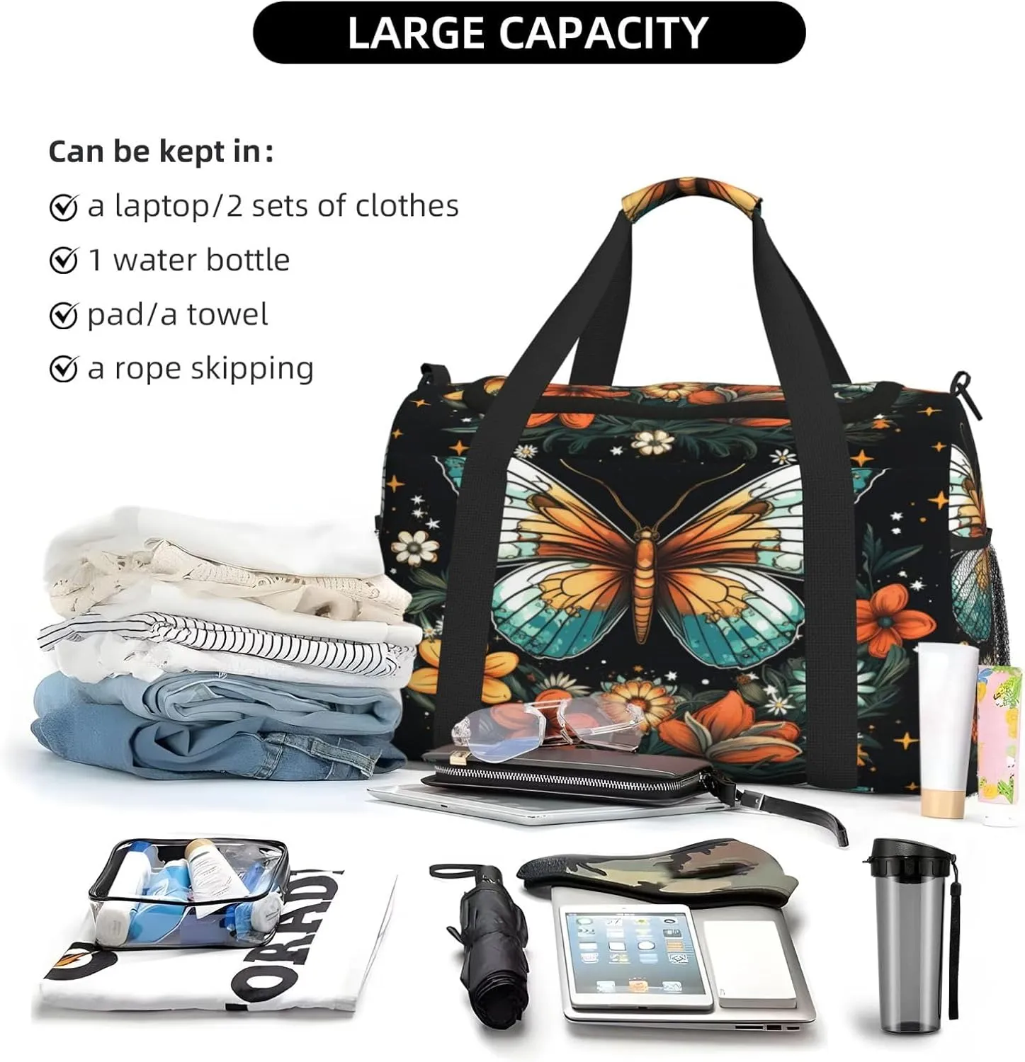 Travel Duffel Bag For Men Women, Butterfly Flowers Stars Art Print Carry On Sport Gym Bag With Shoulder Strap Lightweight Waterproof Weekender Bag Overnight Bag