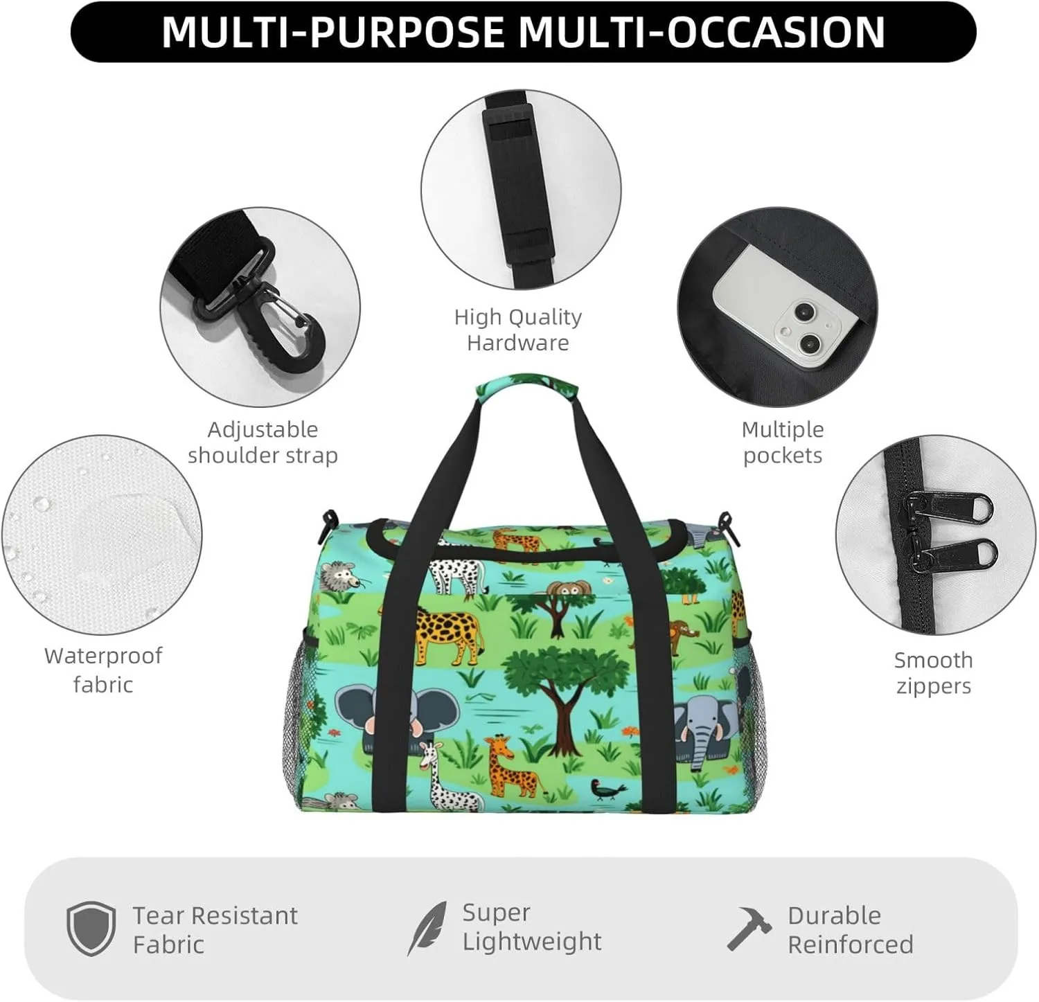 Travel Duffel Bag For Men Women, Cartoon African Animal Giraffe Elephant Lion Carry On Sport Gym Bag With Shoulder Strap Lightweight Waterproof Weekender Bag Overnight Bag