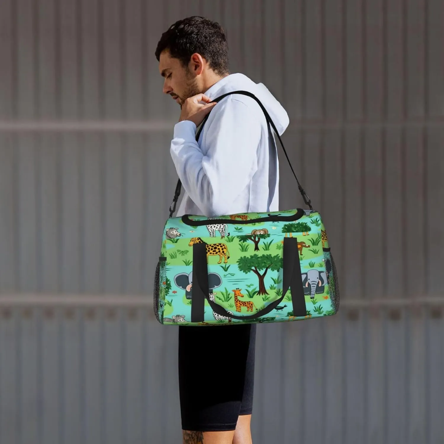Travel Duffel Bag For Men Women, Cartoon African Animal Giraffe Elephant Lion Carry On Sport Gym Bag With Shoulder Strap Lightweight Waterproof Weekender Bag Overnight Bag