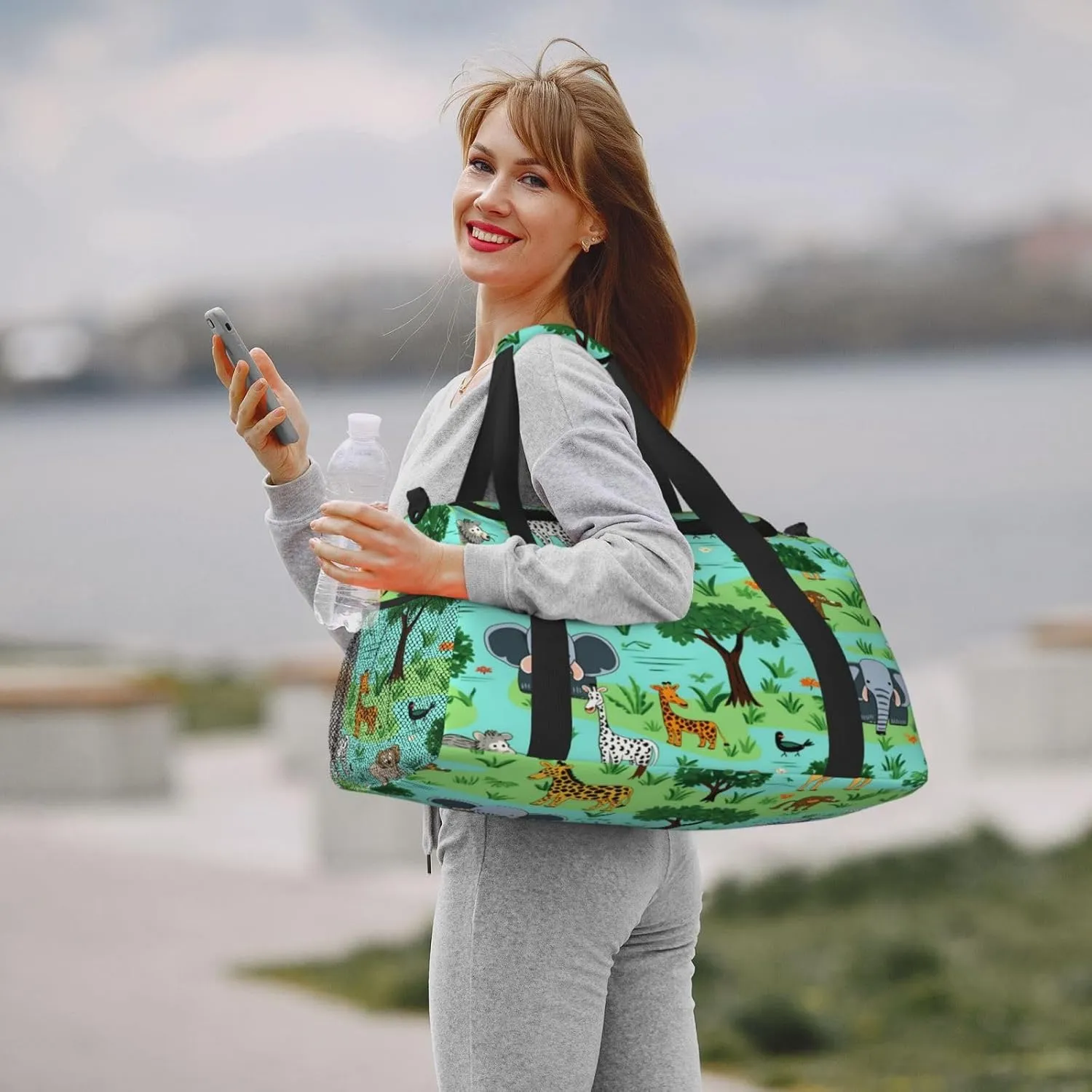 Travel Duffel Bag For Men Women, Cartoon African Animal Giraffe Elephant Lion Carry On Sport Gym Bag With Shoulder Strap Lightweight Waterproof Weekender Bag Overnight Bag