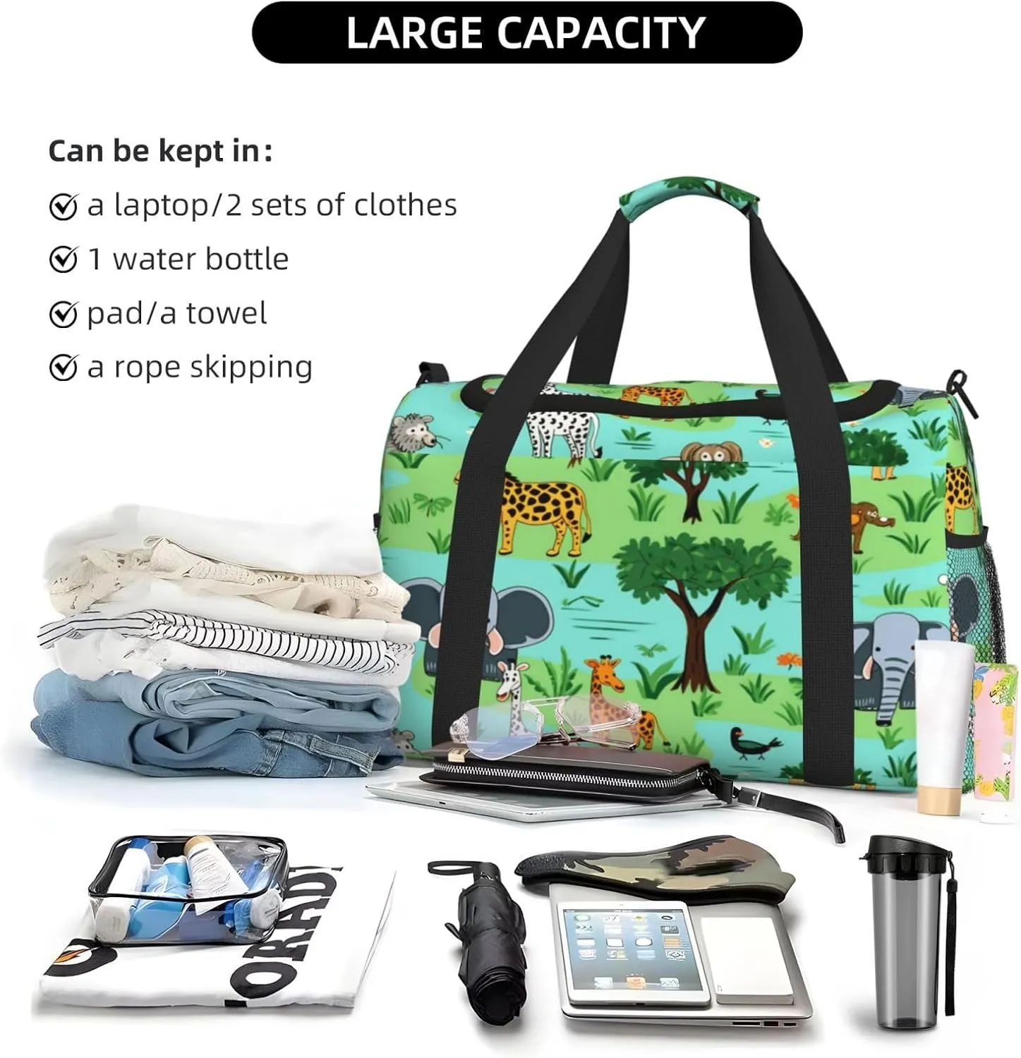 Travel Duffel Bag For Men Women, Cartoon African Animal Giraffe Elephant Lion Carry On Sport Gym Bag With Shoulder Strap Lightweight Waterproof Weekender Bag Overnight Bag