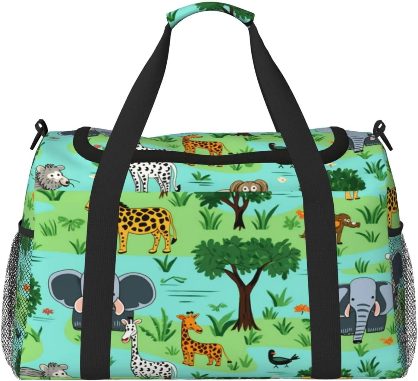 Travel Duffel Bag For Men Women, Cartoon African Animal Giraffe Elephant Lion Carry On Sport Gym Bag With Shoulder Strap Lightweight Waterproof Weekender Bag Overnight Bag