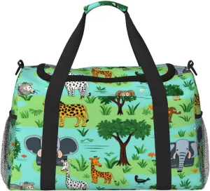 Travel Duffel Bag For Men Women, Cartoon African Animal Giraffe Elephant Lion Carry On Sport Gym Bag With Shoulder Strap Lightweight Waterproof Weekender Bag Overnight Bag